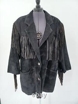 Vintage 90s Black Suede Leather Fringe Western Jacket Size L