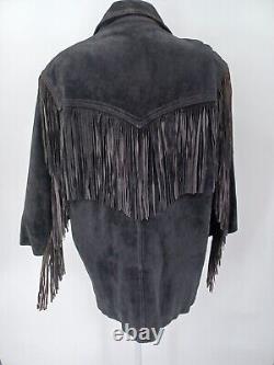 Vintage 90s Black Suede Leather Fringe Western Jacket Size L
