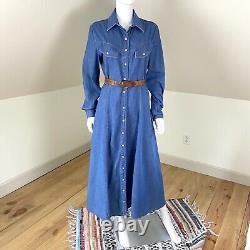 Vintage 90s Bonnie Strauss Western L Denim Chambray Jean Pearl Snap Maxi Dress