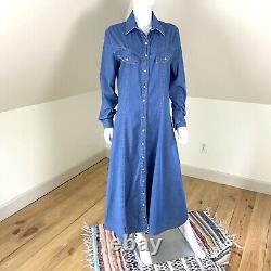 Vintage 90s Bonnie Strauss Western L Denim Chambray Jean Pearl Snap Maxi Dress