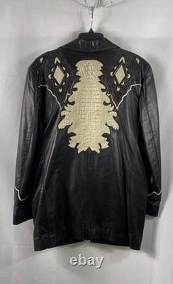 Vintage 90s Italy Women's Black Leather Genuine Crocodile Skin Ornate Jacket L