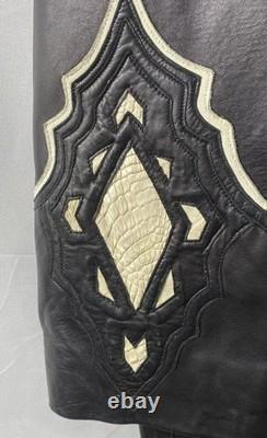Vintage 90s Italy Women's Black Leather Genuine Crocodile Skin Ornate Jacket L
