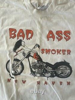 Vintage 90s Pin Up Biker Chick Bad Ass Smoker T Shirt Large White Harley