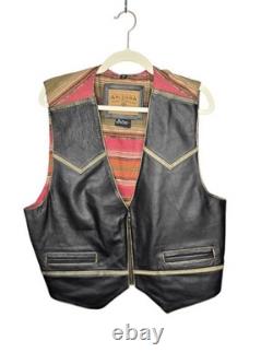 Vintage 90s Western Textile Leather Vest Large Cowboy Tribal Vintage 90s Western Textile Leather Vest Large Cowboy Tribal