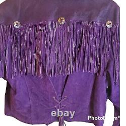 Vintage 90s Womens Purple Suede Leather Jacket Fringe Size Large Concho