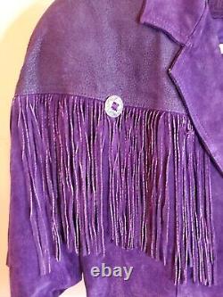 Vintage 90s Womens Purple Suede Leather Jacket Fringe Size Large Concho