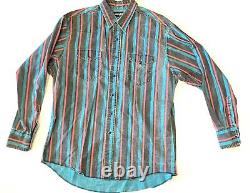 Vintage 90s Wrangler Brushpopper snaps teal stripe shirt Western Rodeo 17-35 XL