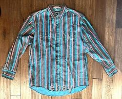 Vintage 90s Wrangler Brushpopper snaps teal stripe shirt Western Rodeo 17-35 XL