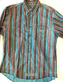 Vintage 90s Wrangler Brushpopper snaps teal stripe shirt Western Rodeo 17-35 XL