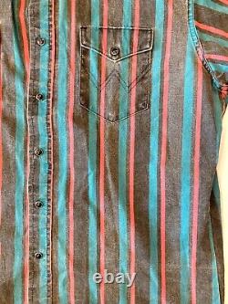 Vintage 90s Wrangler Brushpopper snaps teal stripe shirt Western Rodeo 17-35 XL