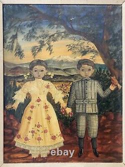 Vintage Antique Mexican Folk Art Modern Child Portrait Oil Painting LABIOS