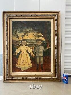 Vintage Antique Mexican Folk Art Modern Child Portrait Oil Painting LABIOS