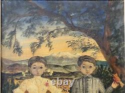 Vintage Antique Mexican Folk Art Modern Child Portrait Oil Painting LABIOS