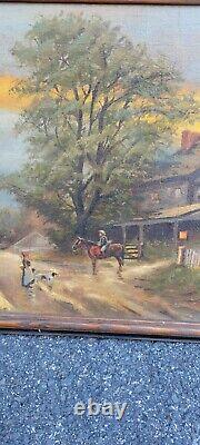 Vintage Antique PA Pennsylvania Landscap Painting Impressionist Horse Cowboy Dog