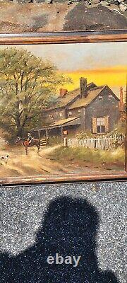 Vintage Antique PA Pennsylvania Landscap Painting Impressionist Horse Cowboy Dog