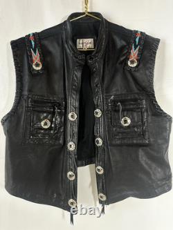 Vintage Bagazio Leather Biker Vest Concho Beaded Southwestern Western XL Quality