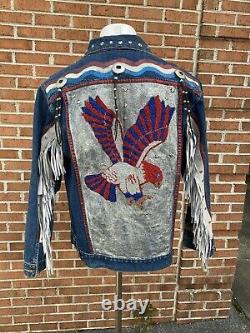 Vintage Best Western Indian Shop Decorated Eagle Americana Denim Jean Jacket Lg