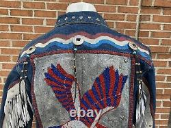 Vintage Best Western Indian Shop Decorated Eagle Americana Denim Jean Jacket Lg