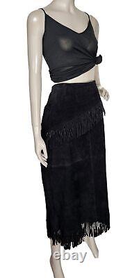 Vintage Boho Black Suede Full Length Western Fringe High-Waist Cowgirl Skirt