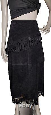 Vintage Boho Black Suede Full Length Western Fringe High-Waist Cowgirl Skirt