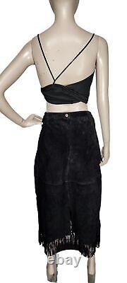 Vintage Boho Black Suede Full Length Western Fringe High-Waist Cowgirl Skirt