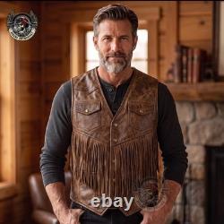 Vintage Brown Mens Fringe Leather Vest Western Cowboy Motorcycle Leather Vest