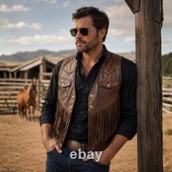Vintage Brown Mens Fringe Leather Vest Western Cowboy Motorcycle Leather Vest