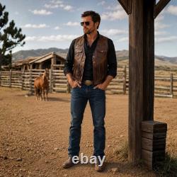 Vintage Brown Mens Fringe Leather Vest Western Cowboy Motorcycle Leather Vest