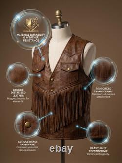 Vintage Brown Mens Fringe Leather Vest Western Cowboy Motorcycle Leather Vest