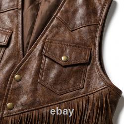 Vintage Brown Mens Fringe Leather Vest Western Cowboy Motorcycle Leather Vest