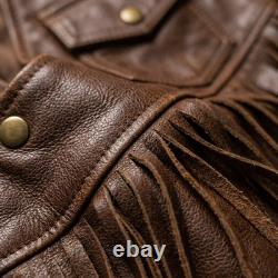 Vintage Brown Mens Fringe Leather Vest Western Cowboy Motorcycle Leather Vest
