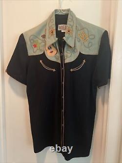 Vintage Chain Stitch Embroidered Vaqueras Western Shirt L Guitar Cactus