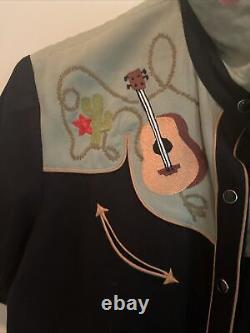 Vintage Chain Stitch Embroidered Vaqueras Western Shirt L Guitar Cactus