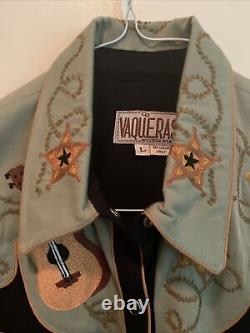 Vintage Chain Stitch Embroidered Vaqueras Western Shirt L Guitar Cactus