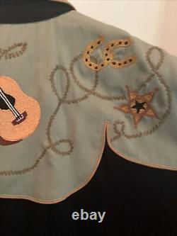 Vintage Chain Stitch Embroidered Vaqueras Western Shirt L Guitar Cactus