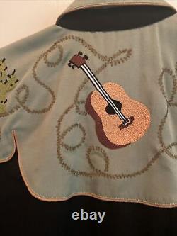 Vintage Chain Stitch Embroidered Vaqueras Western Shirt L Guitar Cactus