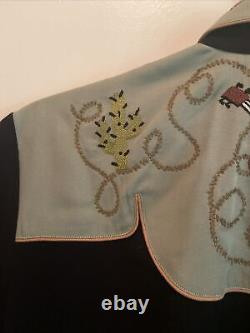 Vintage Chain Stitch Embroidered Vaqueras Western Shirt L Guitar Cactus