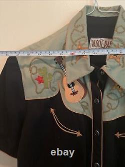 Vintage Chain Stitch Embroidered Vaqueras Western Shirt L Guitar Cactus