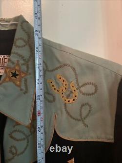 Vintage Chain Stitch Embroidered Vaqueras Western Shirt L Guitar Cactus