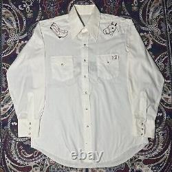 Vintage Chain Stitch Hand Embroidery Western Cowboy Pearl Snap Shirt Sz 16.5-35