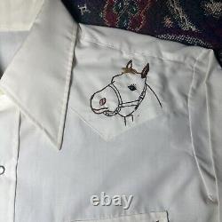 Vintage Chain Stitch Hand Embroidery Western Cowboy Pearl Snap Shirt Sz 16.5-35