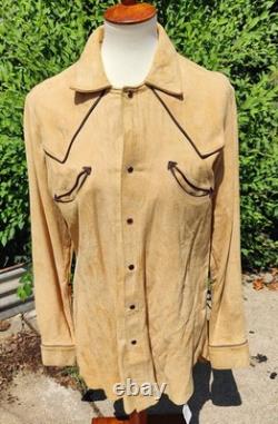 Vintage Char & Sher Designs Mens Western Pearl Button Suede Leather Shirt Sz 42