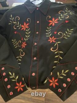 Vintage Classic Western Floral Pattern Black Shirt With Back Yoke Size L
