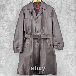 Vintage Coat Mens Large Wool Liner Leather Sawtooth Trench Western Belted Brown