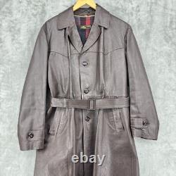 Vintage Coat Mens Large Wool Liner Leather Sawtooth Trench Western Belted Brown