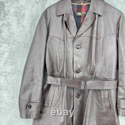 Vintage Coat Mens Large Wool Liner Leather Sawtooth Trench Western Belted Brown
