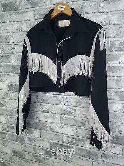 Vintage Cowboy Jacket Size Large Fit 14 16 Cropped Black Western Tassle Fringe