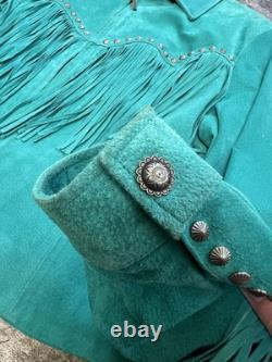 Vintage Cripple Creek Turquoise Leather Fringe Jacket Western Women's Size Large