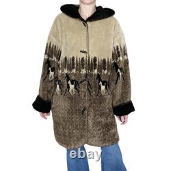 Vintage Denali Brown & Black Fleece Horse Western Revisable Long Hooded Jacket