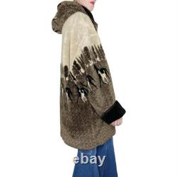 Vintage Denali Brown & Black Fleece Horse Western Revisable Long Hooded Jacket
